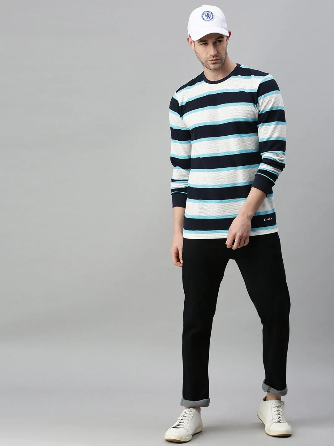 Men Striped White Sweatshirt