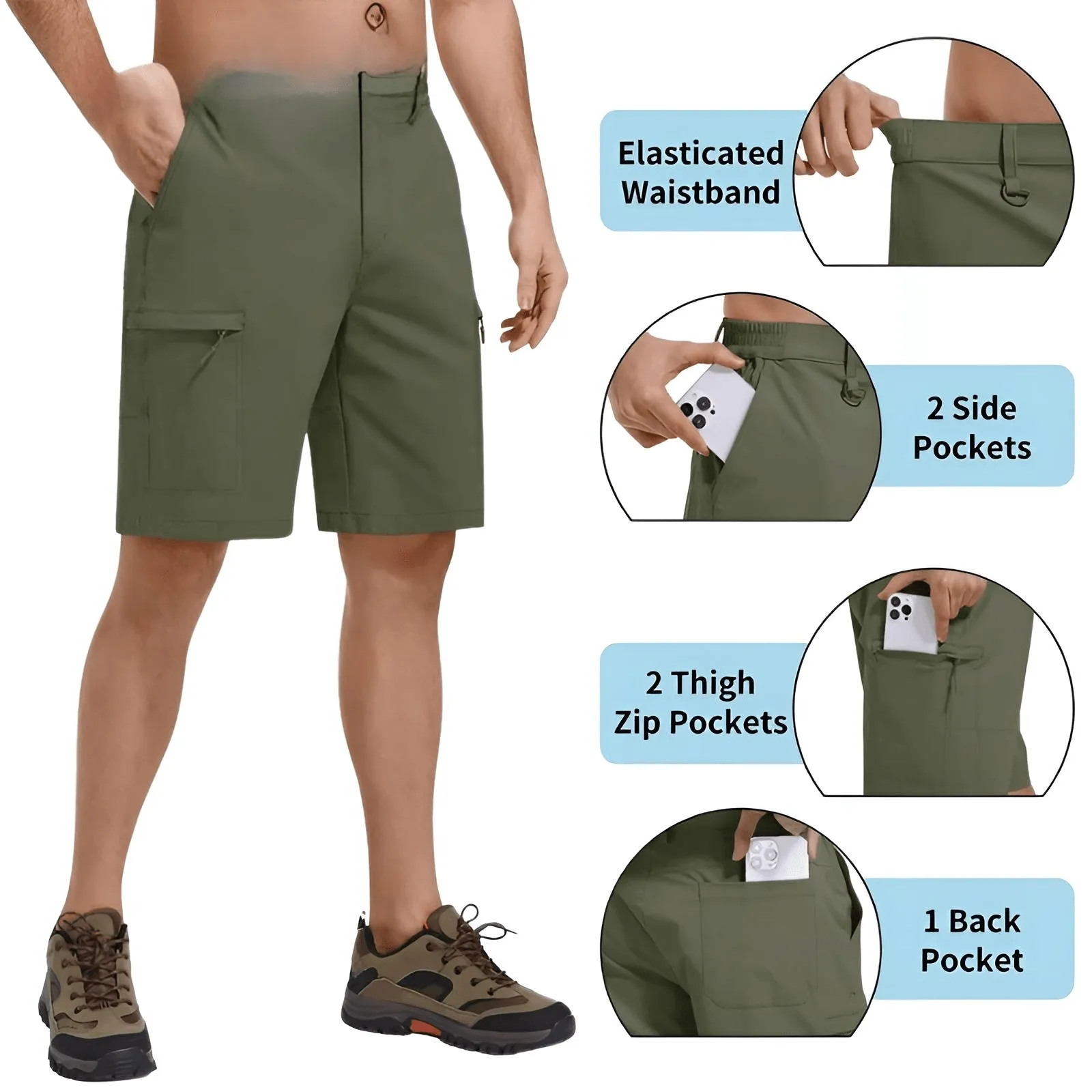 Moisture Wicking Casual Shorts Mens Cargo Work Shorts Rip-Stop