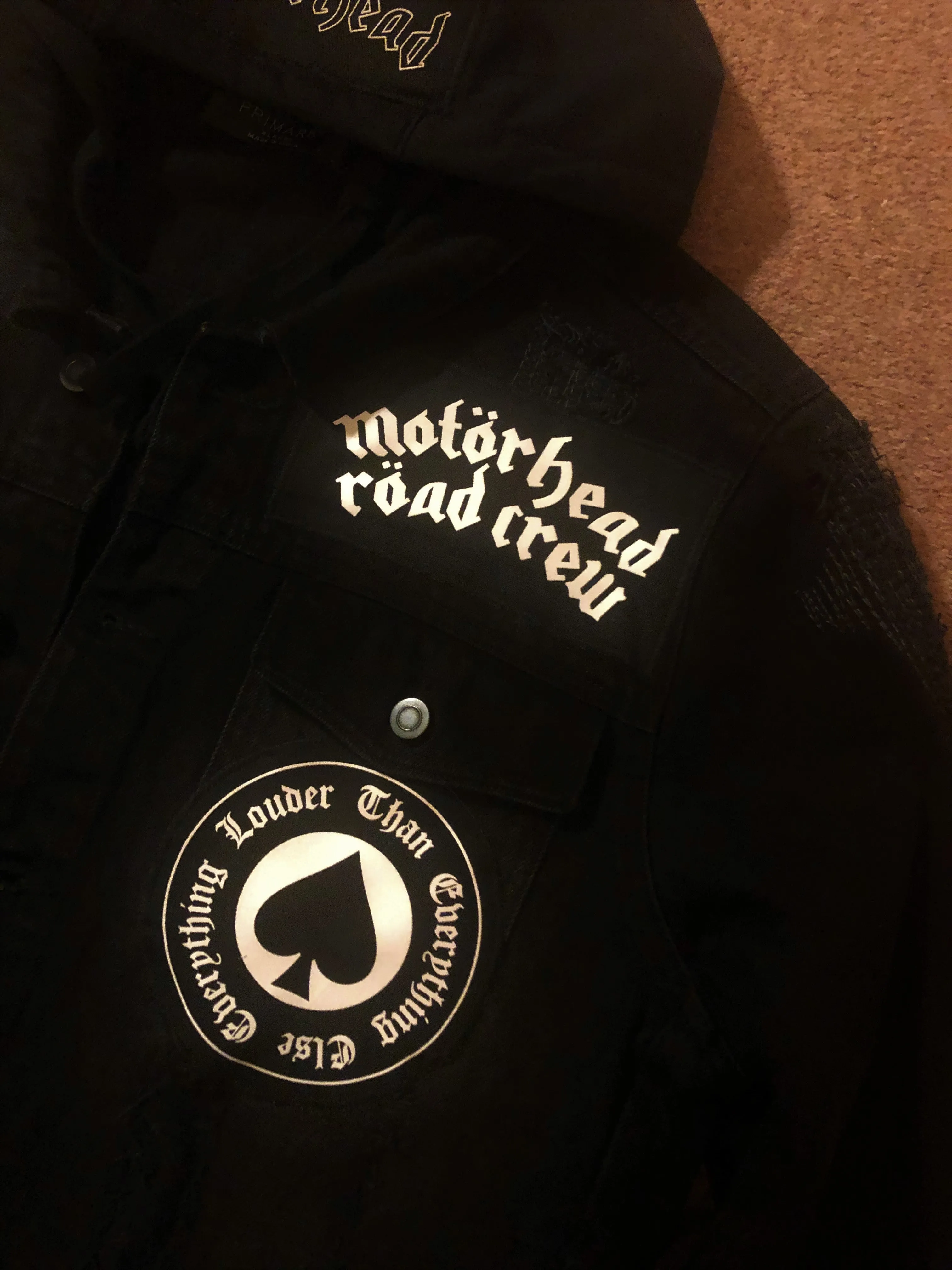 Motörhead Road Crew Distressed Slashed Hooded Denim Jacket Ace Of Spades