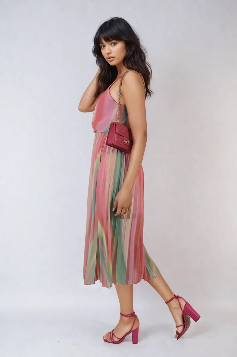 Multi Colored Print Pleated Strappy Midi Dress