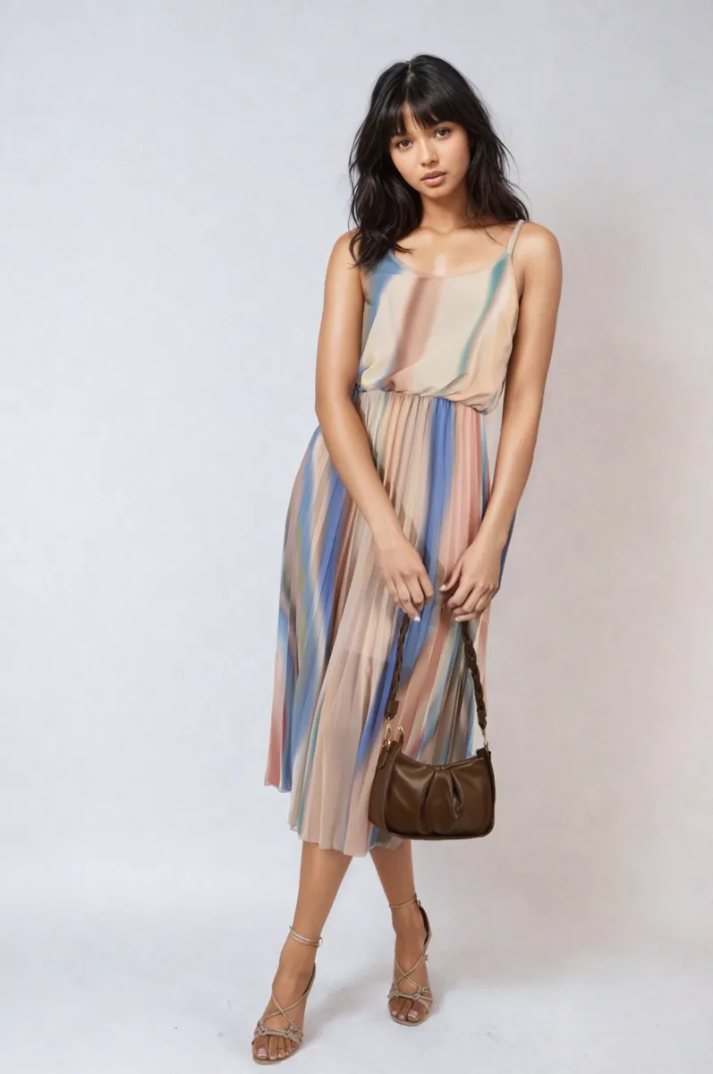 Multi Colored Print Pleated Strappy Midi Dress