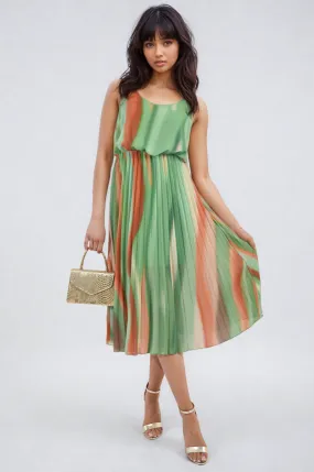 Multi Colored Print Pleated Strappy Midi Dress