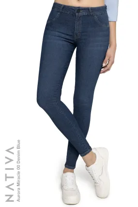 NATIVA, STRETCH JEANS. AURORA MIRACLE 00 DENIM BLUE,  High Shaping Capacity, Extreme Motion, Mid-Waisted Super Skinny Jeans