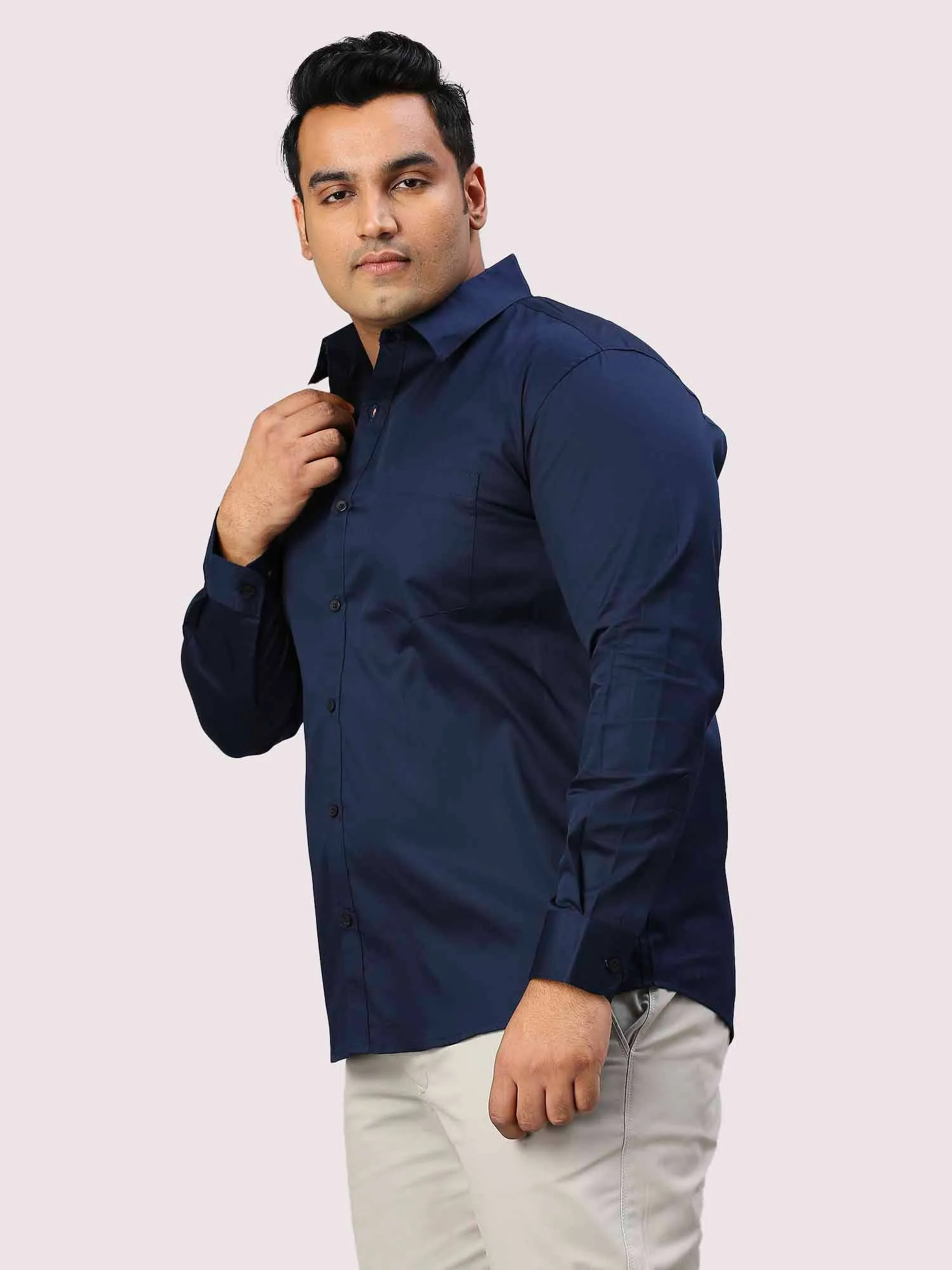 Navy Blue Pure Cotton Full Sleeve Shirt Men's Plus Size