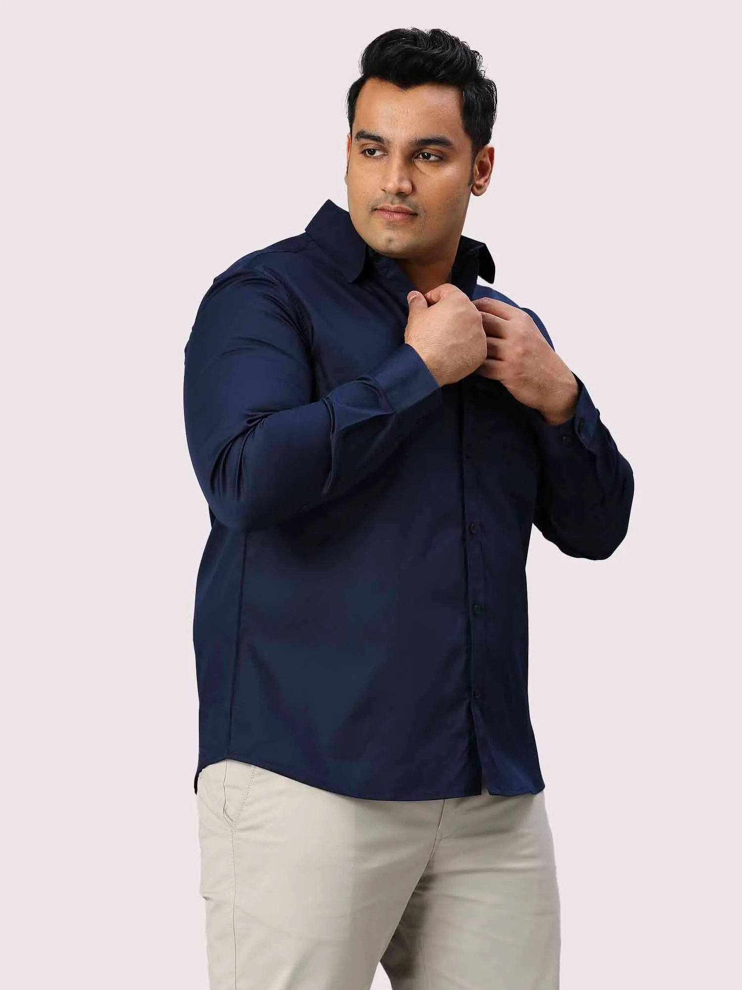 Navy Blue Pure Cotton Full Sleeve Shirt Men's Plus Size