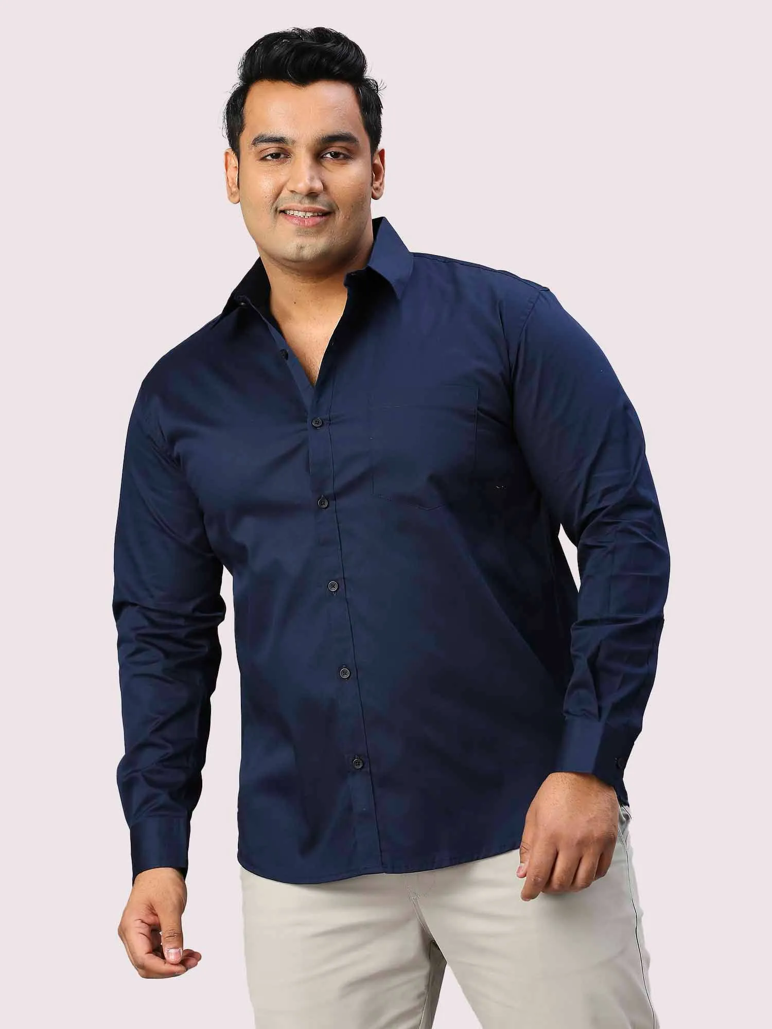 Navy Blue Pure Cotton Full Sleeve Shirt Men's Plus Size