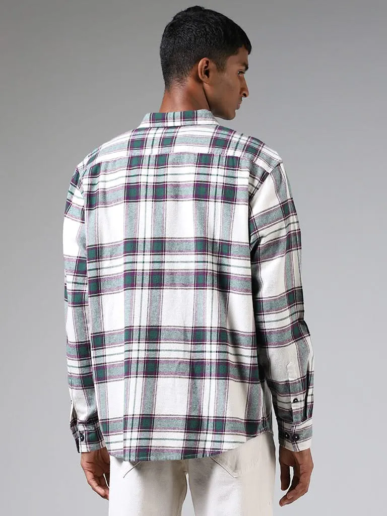 Nuon Off White Plaid Checked Relaxed-Fit Shirt