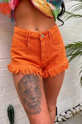 Orange Frayed Denim Shorts