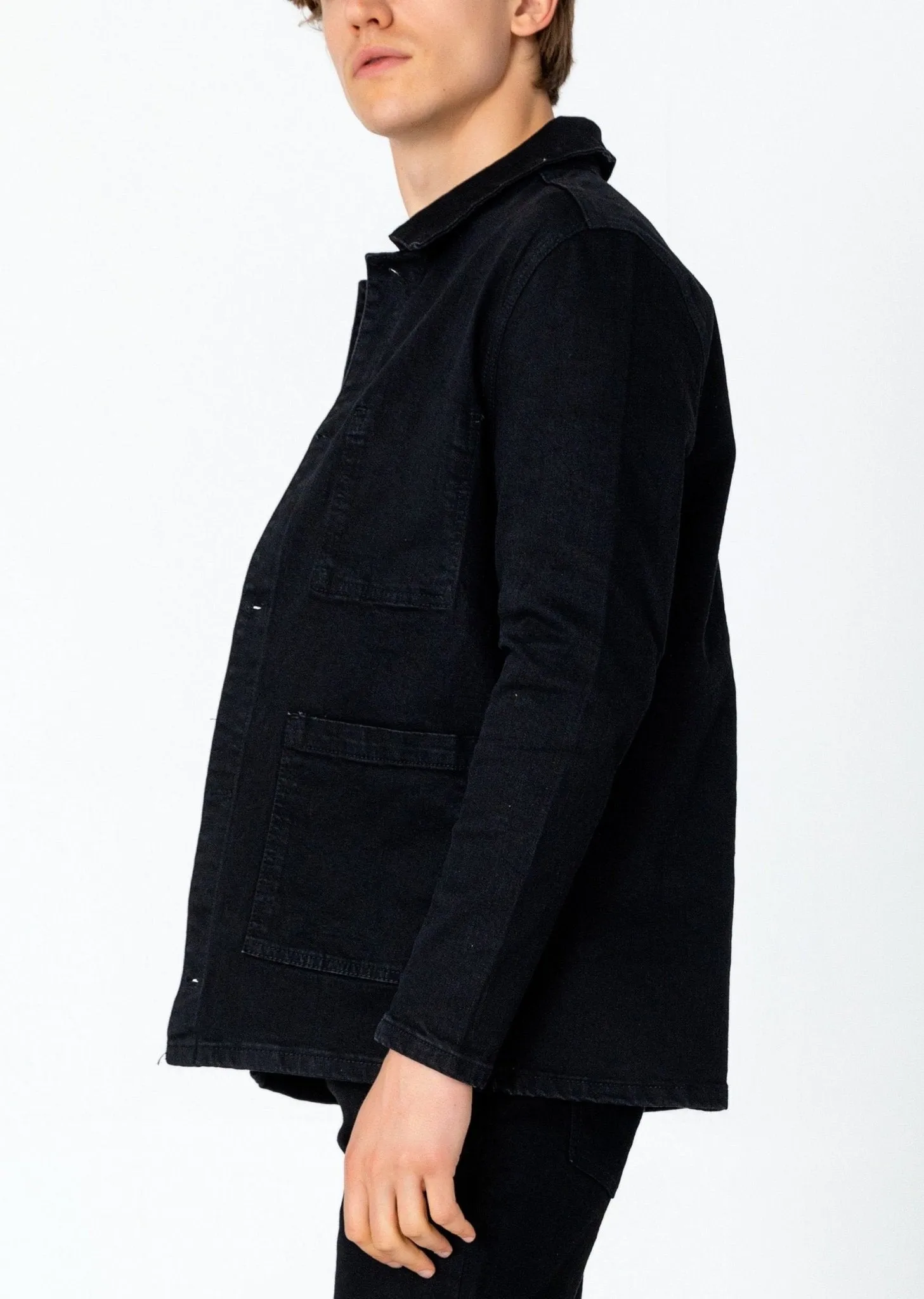 Patch Pocket Fitted Denim Jacket - Black