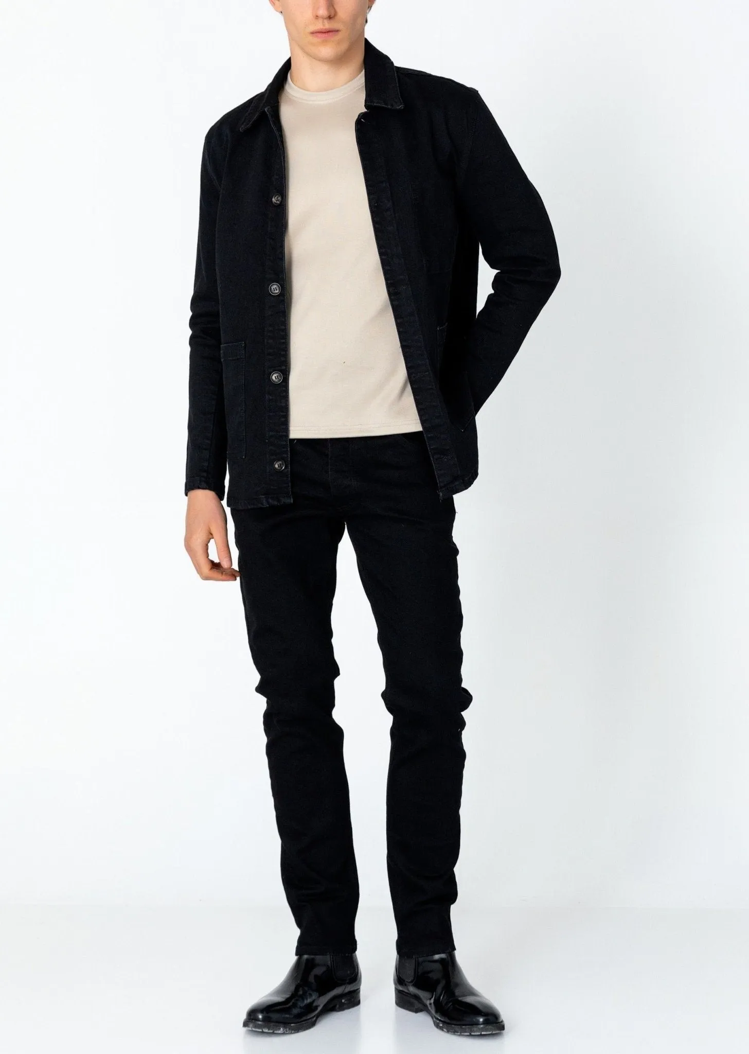 Patch Pocket Fitted Denim Jacket - Black