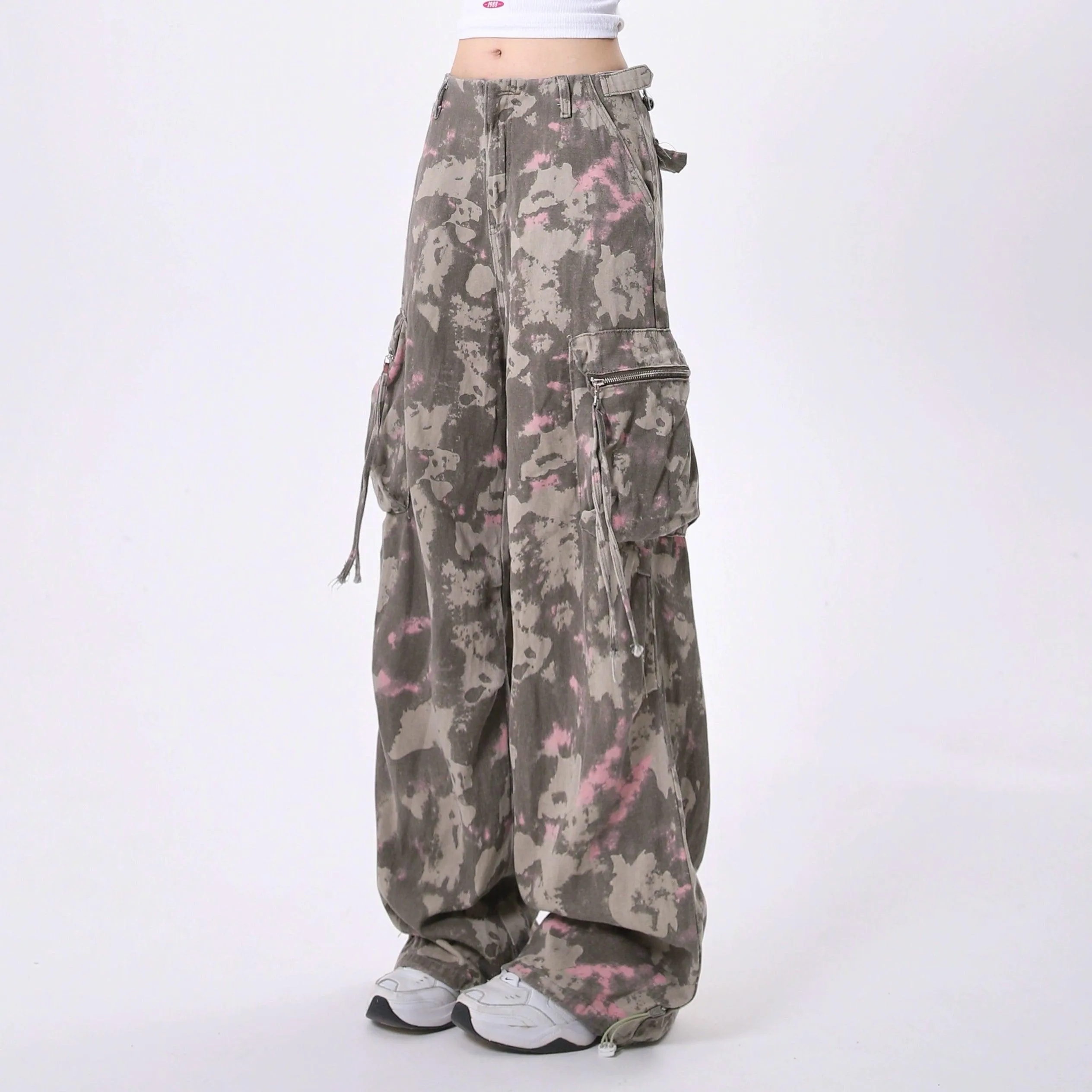 Rayohopp Women'S Wide-Leg Cargo Pants - Tie-Dye Camo Print Baggy Trousers With Multi-Pocket Design