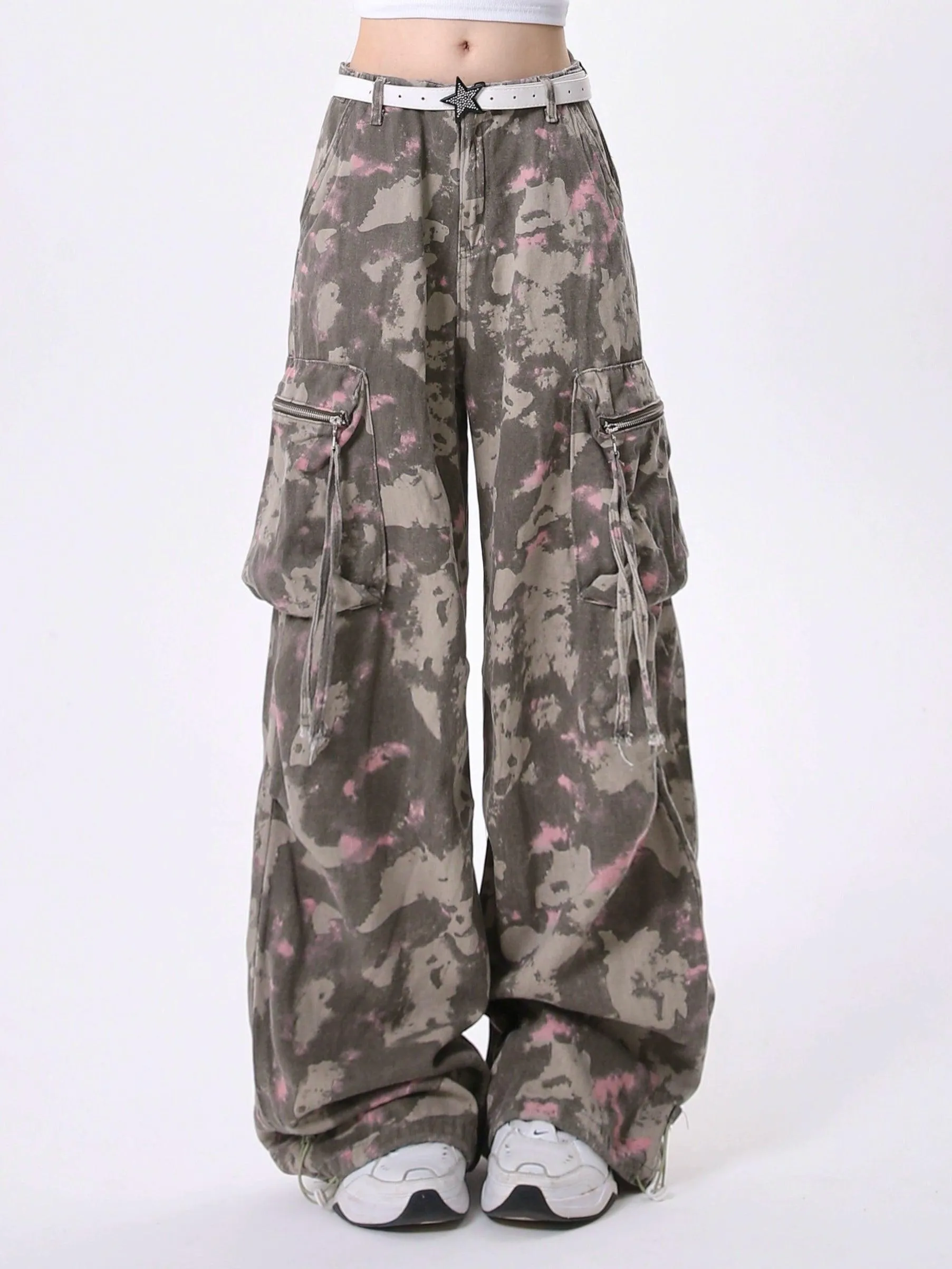 Rayohopp Women'S Wide-Leg Cargo Pants - Tie-Dye Camo Print Baggy Trousers With Multi-Pocket Design