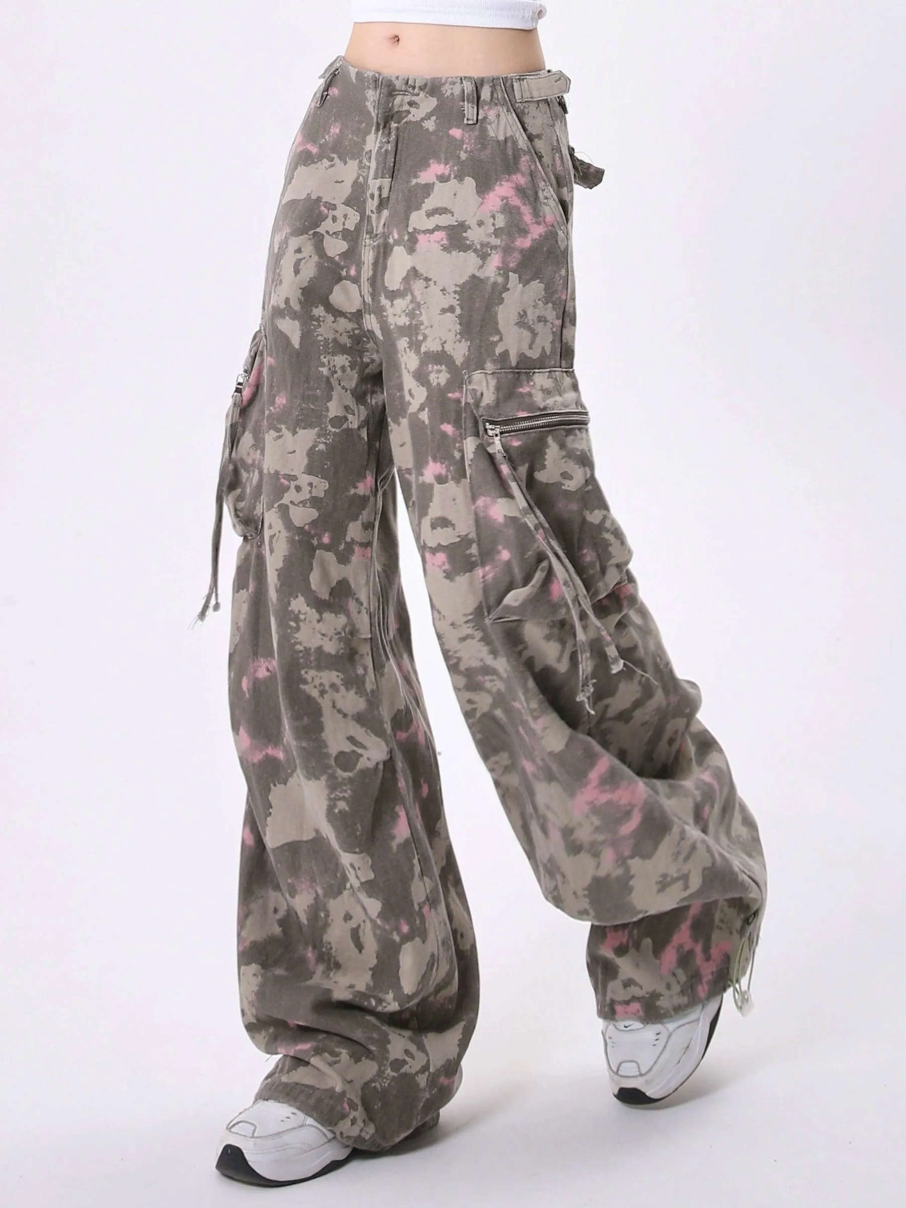 Rayohopp Women'S Wide-Leg Cargo Pants - Tie-Dye Camo Print Baggy Trousers With Multi-Pocket Design