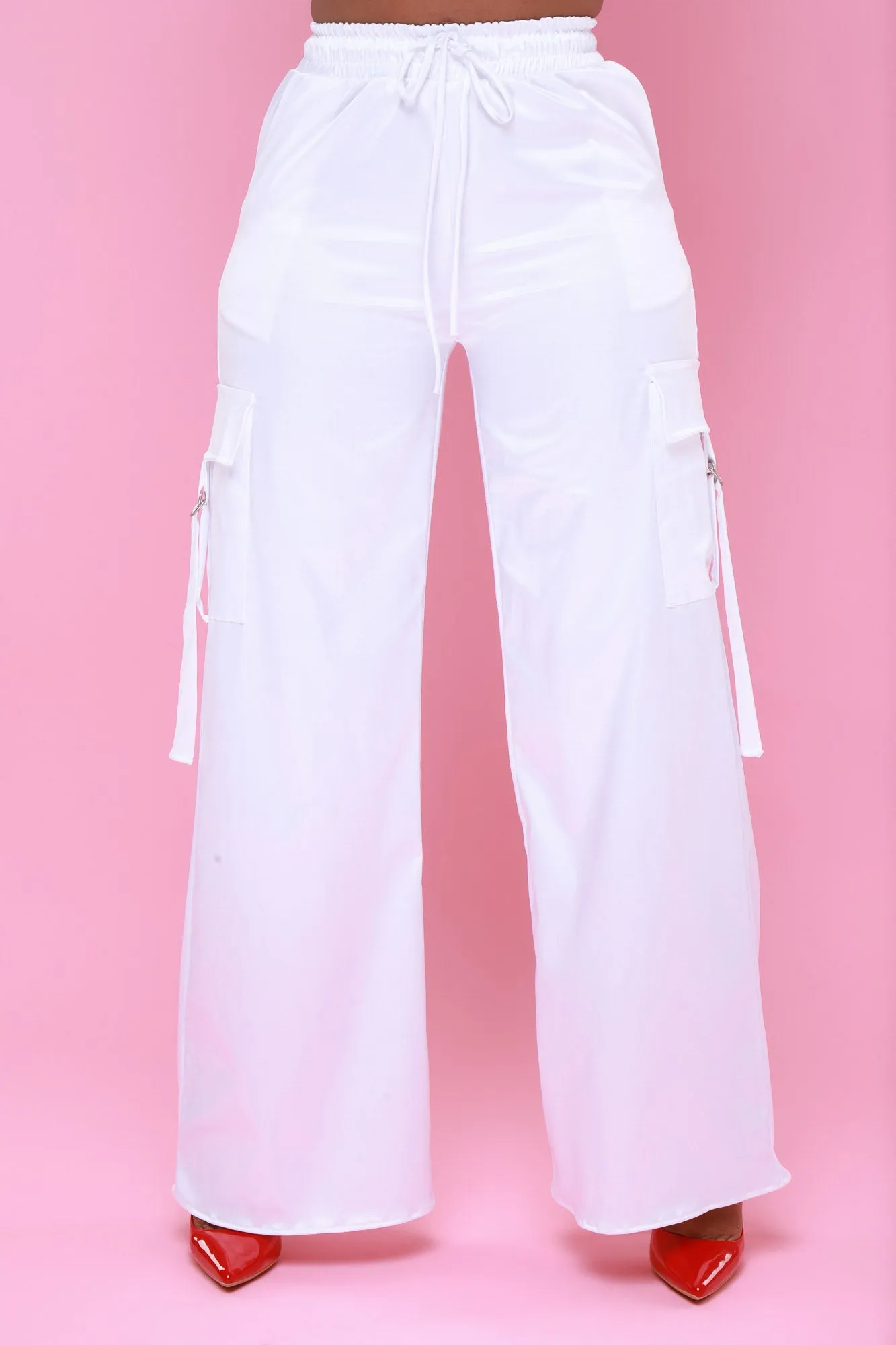 Satin Multi Pocket Long Cargo Pants - White