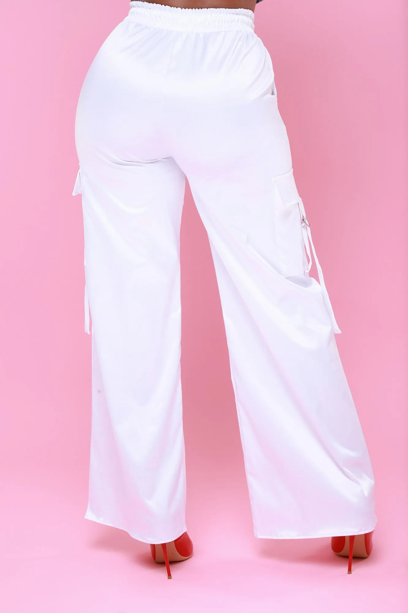 Satin Multi Pocket Long Cargo Pants - White