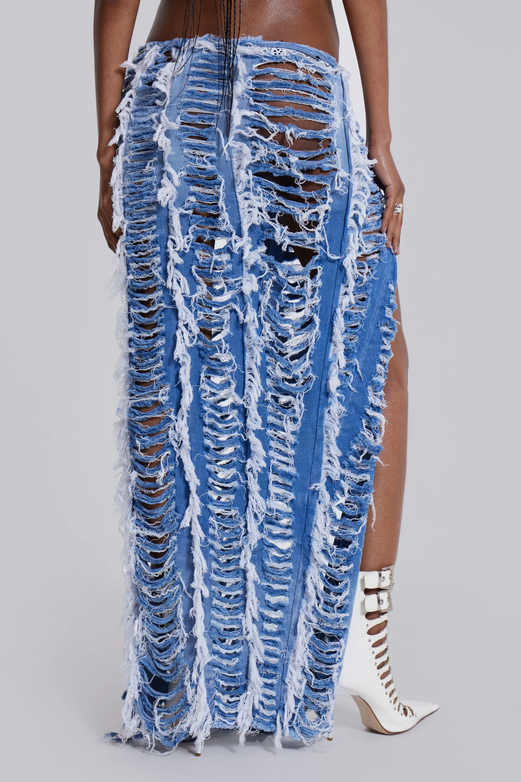 Shredded Denim Maxi Skirt