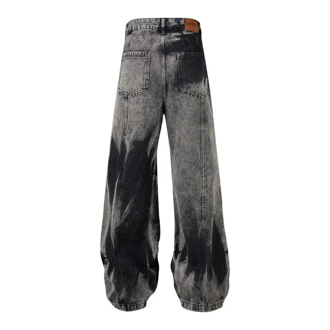 Street Retro Washed Distressed Tie-dye Multi-pocket Denim Trouser Unisex Baggy Cargo Denim Jeans Pants