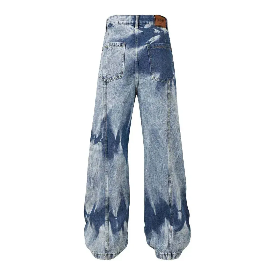 Street Retro Washed Distressed Tie-dye Multi-pocket Denim Trouser Unisex Baggy Cargo Denim Jeans Pants