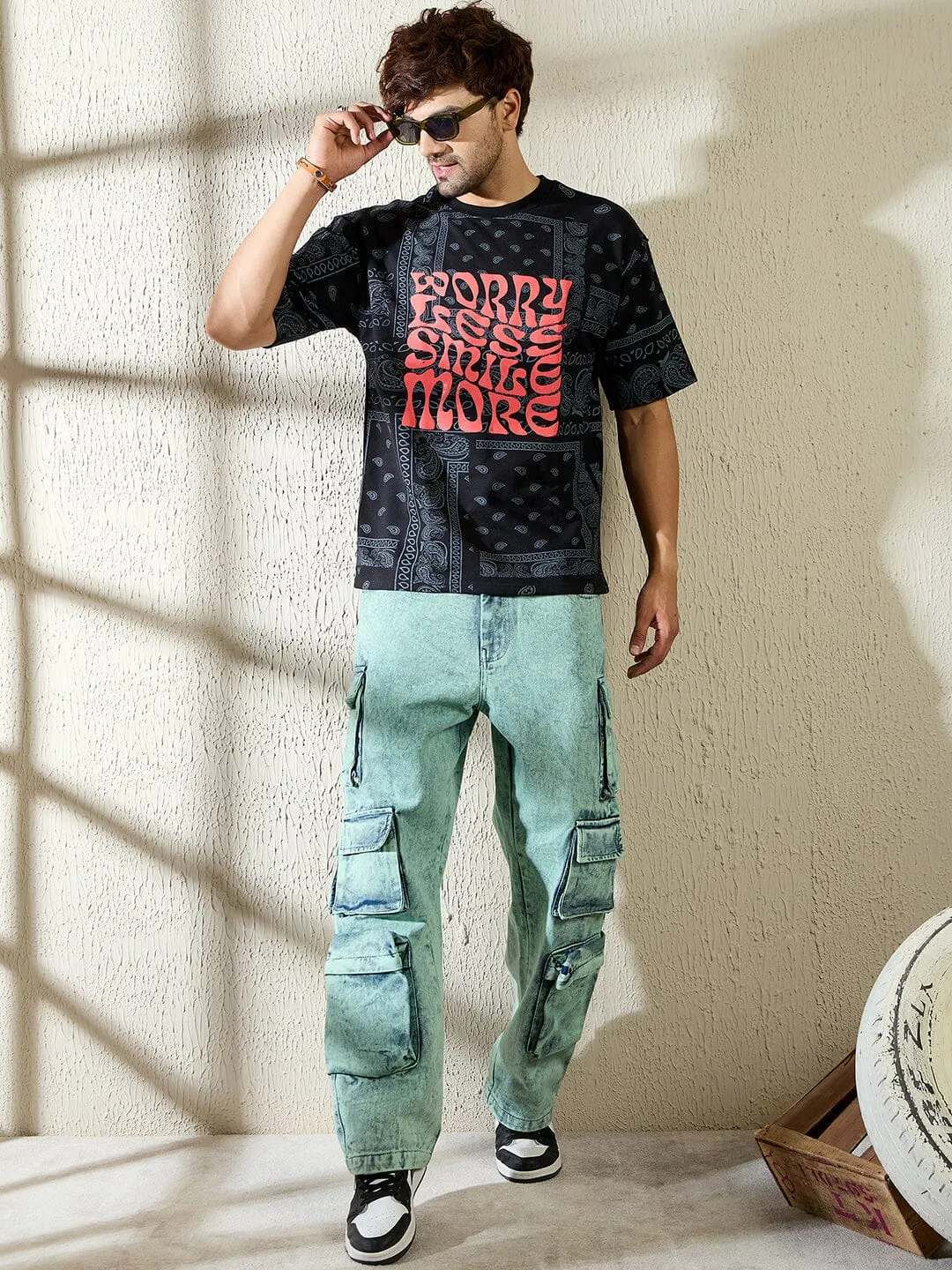 Teal Tinted Washed Baggy Cargo Denim