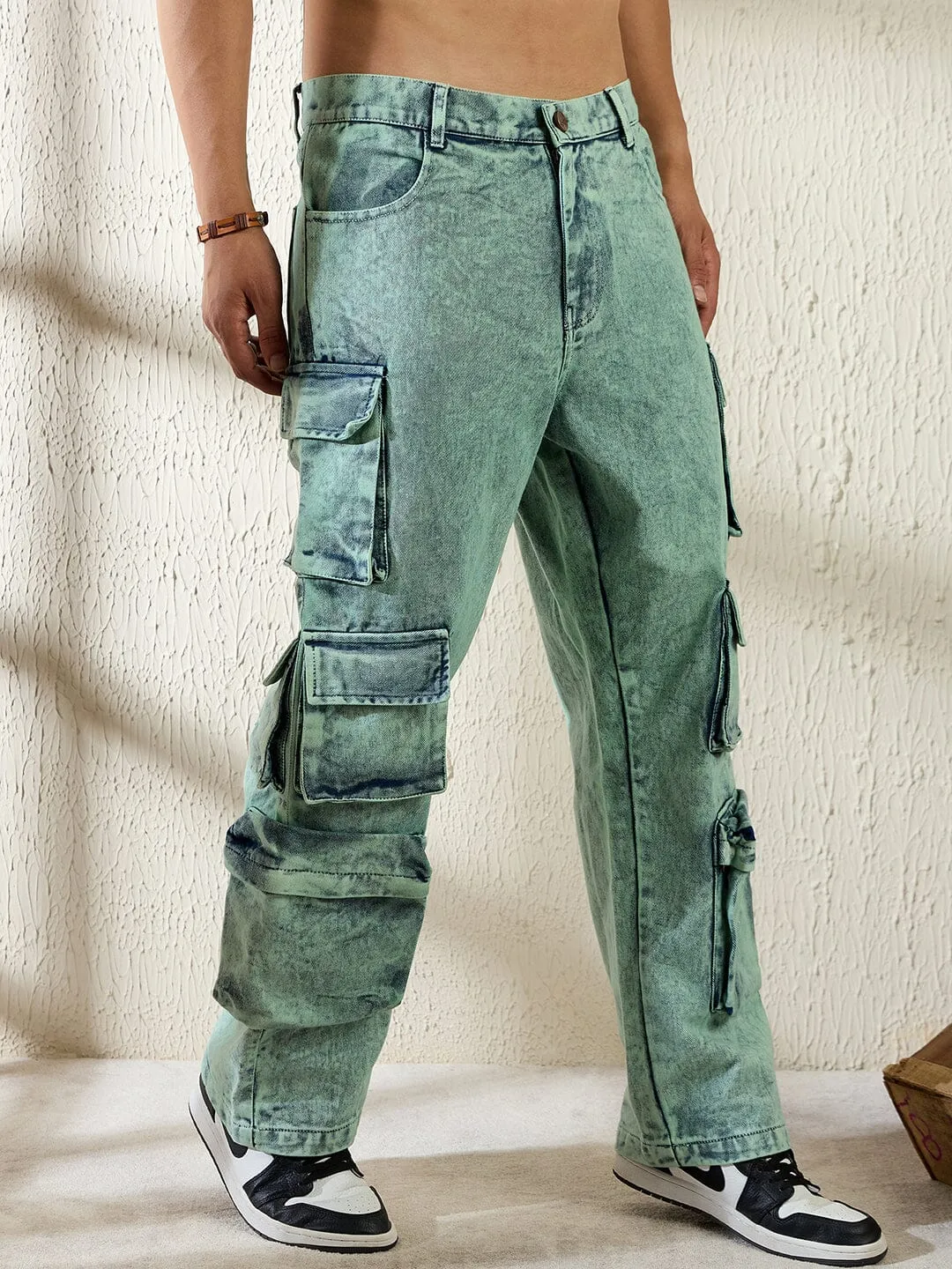 Teal Tinted Washed Baggy Cargo Denim