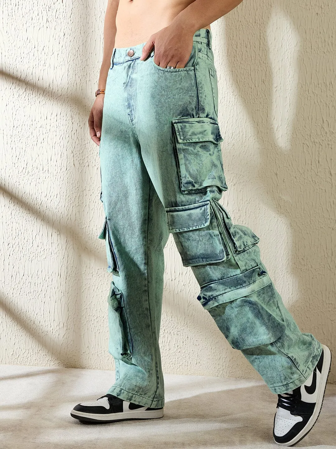 Teal Tinted Washed Baggy Cargo Denim