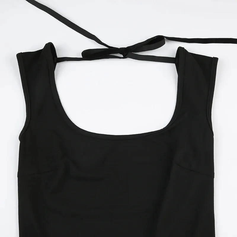 Uniwim Black Backless Tie Up A-Line Dress