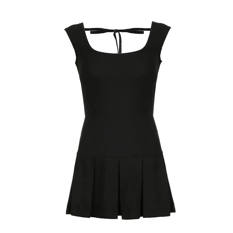 Uniwim Black Backless Tie Up A-Line Dress