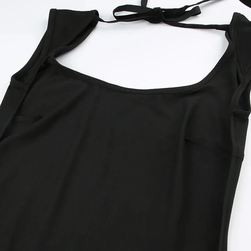 Uniwim Black Backless Tie Up A-Line Dress