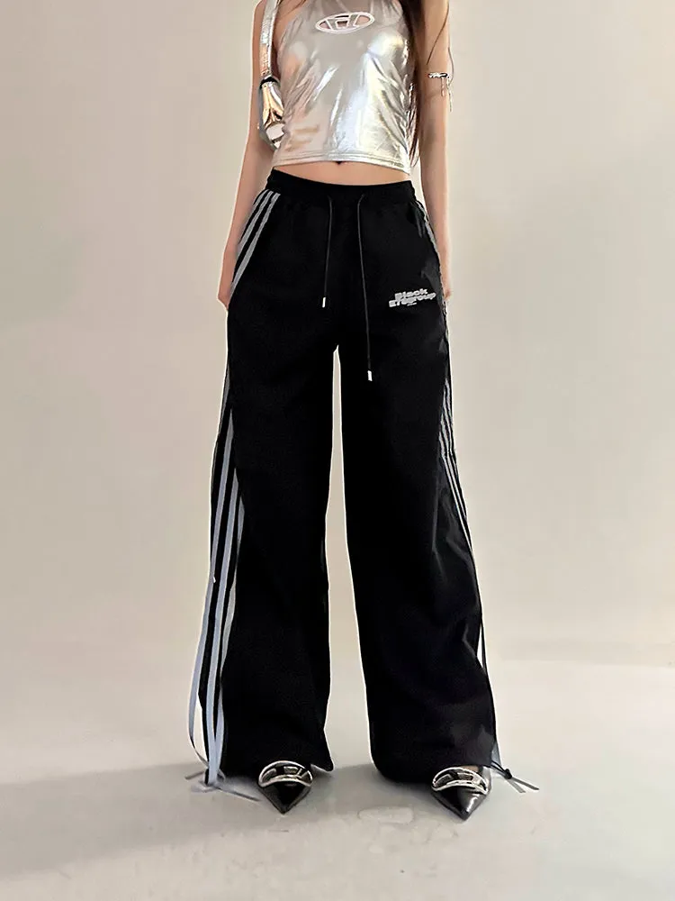 Willow Solid Color Triple Stripes High Waist Straight Leg Baggy Loose Cargo Pants