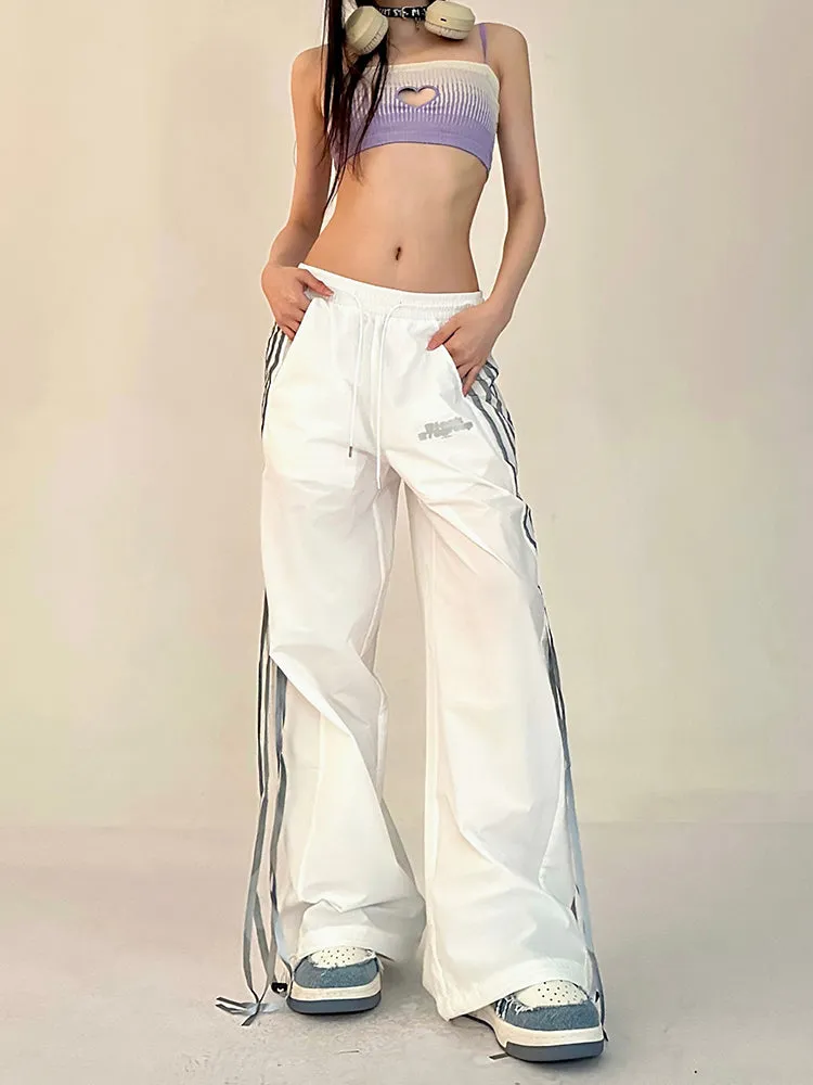 Willow Solid Color Triple Stripes High Waist Straight Leg Baggy Loose Cargo Pants