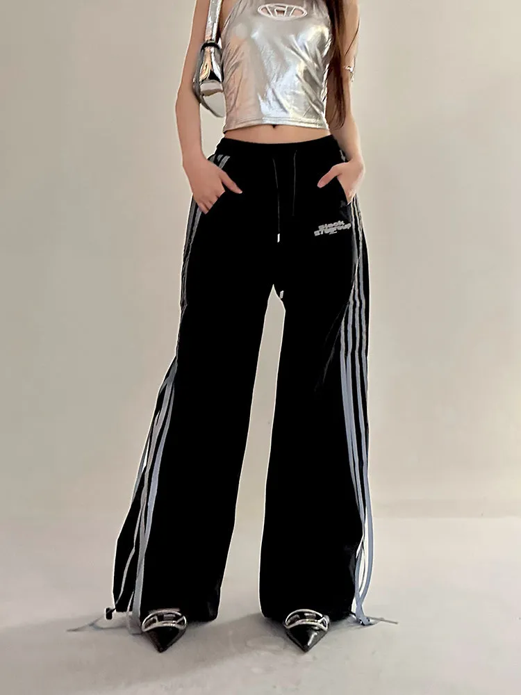 Willow Solid Color Triple Stripes High Waist Straight Leg Baggy Loose Cargo Pants