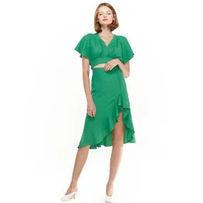 Women's Asymmetrical Hem Button Front Skirt in Kelly Green