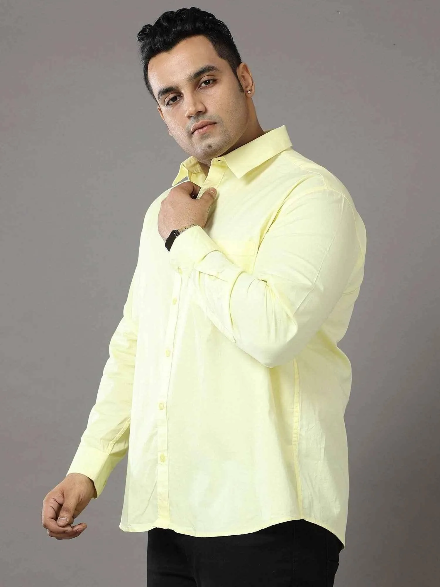 Yellow Solid Pure Cotton Shirt Men's Plus Size