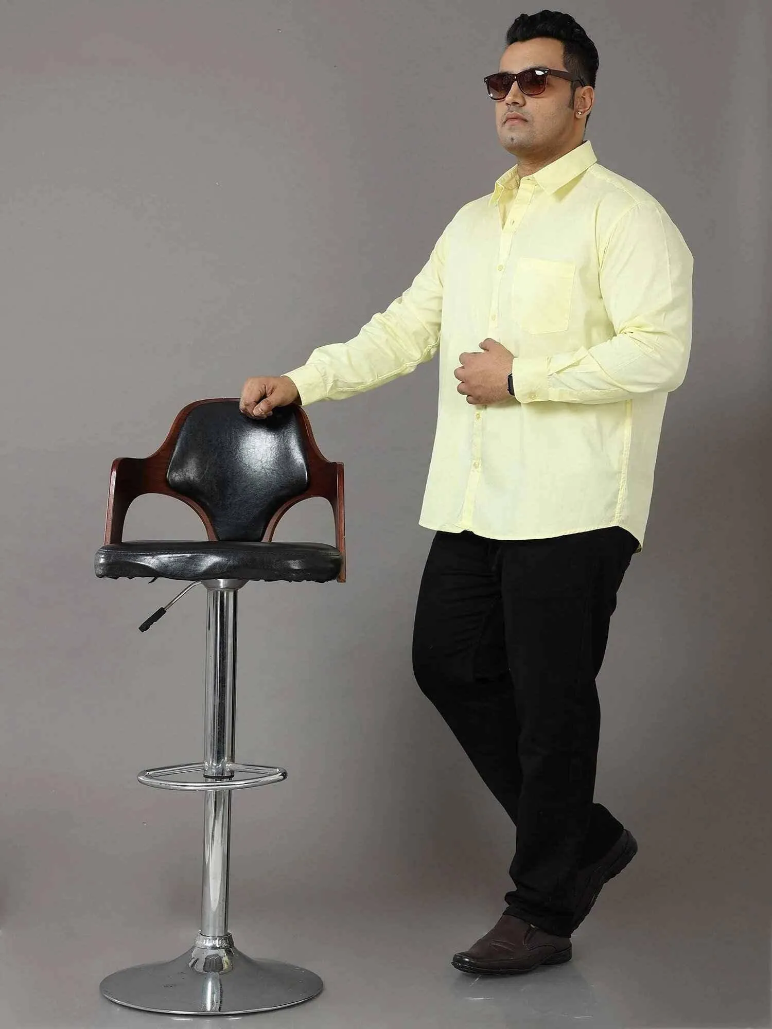 Yellow Solid Pure Cotton Shirt Men's Plus Size