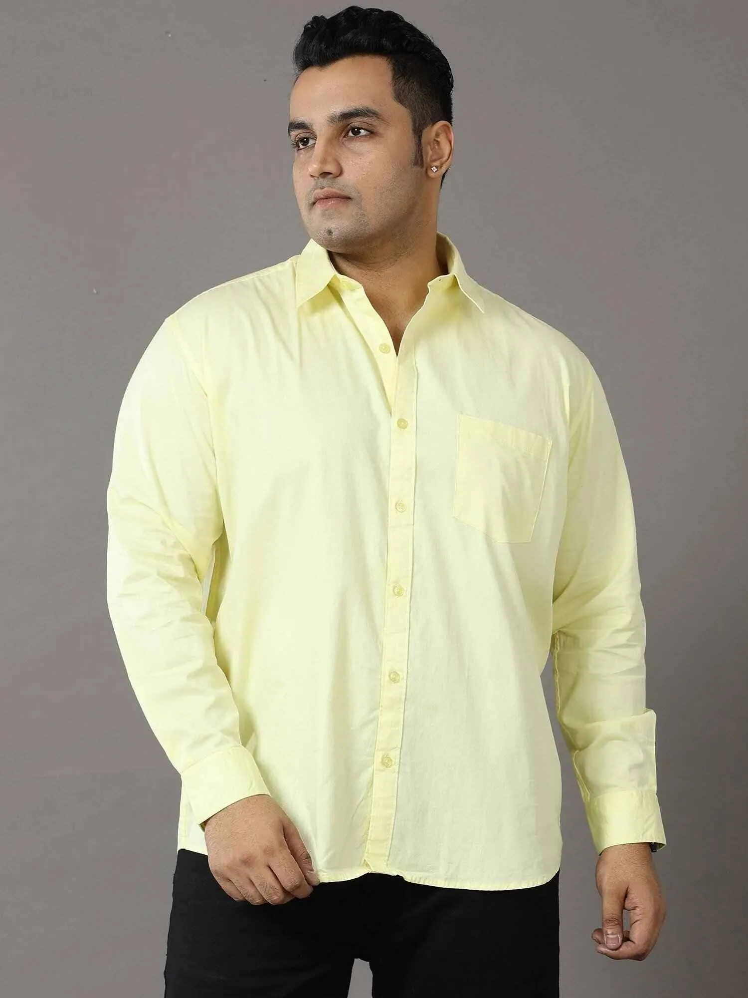 Yellow Solid Pure Cotton Shirt Men's Plus Size